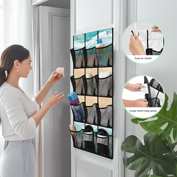 Beach Behind Door Shoes Hang Holder Rack,Storage for Small Spaces,Over the Door Shoe Organizer with 12 Mesh Large Pockets