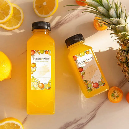 TOMNK 100pcs Juice Bottles, 12oz Plastic Bottles with Caps, Reusable Juice Bottle with Caps Clear Bulk Beverage Containers with Lids, Label, Funnel and Brush for Juicing, Milk, Smoothie and Beverages