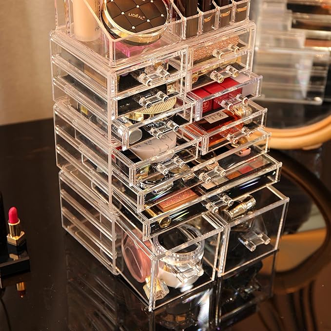 Cq acrylic 4 Pack Clear Makeup Organizer Countertop,Stackable 12 Drawers Skincare Organizer,Cute Skin Care Organizer for Vanity Hair Clip,Jewelry,Beauty Product Desk and Make Up Organizers for Vanity