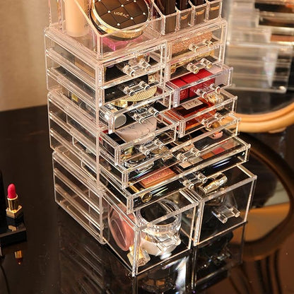 Cq acrylic 4 Pack Clear Makeup Organizer Countertop,Stackable 12 Drawers Skincare Organizer,Cute Skin Care Organizer for Vanity Hair Clip,Jewelry,Beauty Product Desk and Make Up Organizers for Vanity