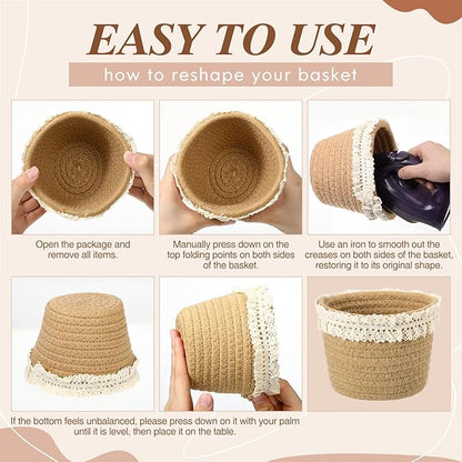 3 Pcs Small Woven Basket, Empty Gifts Basket with Gift Bags and Ribbons, 4x4x4 Inch Boho Organizer Box for Baby Shower, Birthday, Bridal Shower, Wedding, Present, Pen Pencil Makeup Brush Holder
