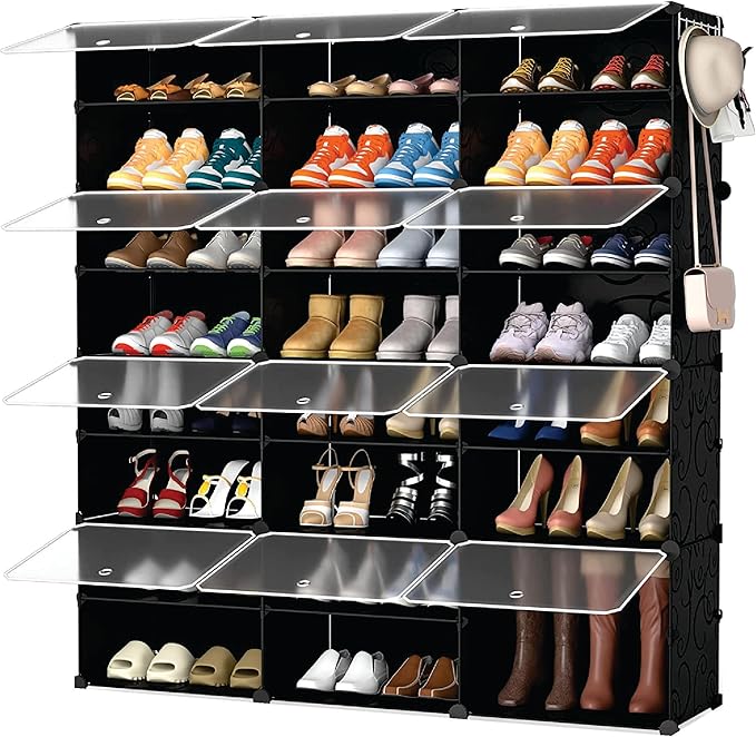 Patented Shoe Racks Organizers Shelves, Floor-Standing, Wall Hanging, Sturdy and extendable. Easy DIY Assembly, for Door Entrance, Closet, and Workplace (3x8Grid, Translucent & Black)