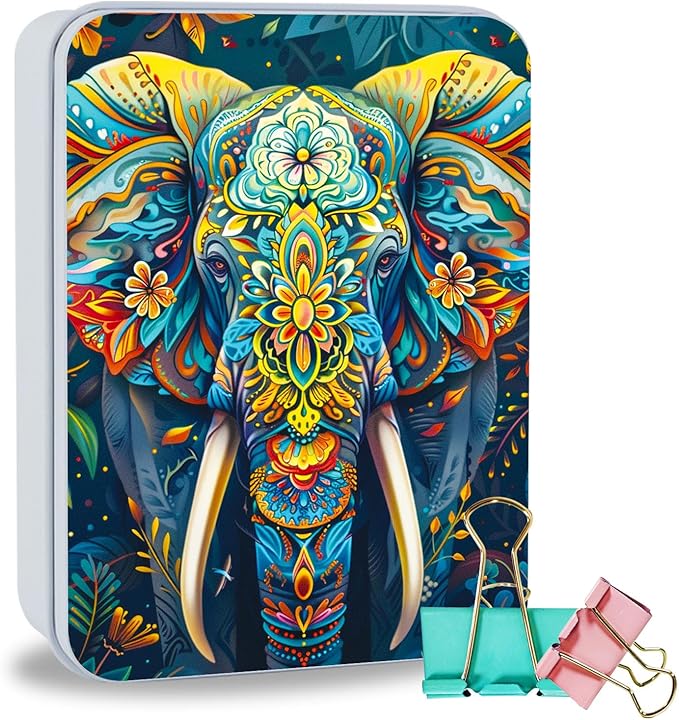Metal Tin Box Sturdy Metal Storage Box with Lid, Large Container Holder for TCG Cards,Car Keys,Cookies,Tin Containers for Gift,5.0x3.7x1.6 Inch,Exquisite Pattern Design(Flower Elephant)