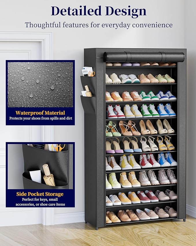 Kitsure Shoe Rack - 10-Tier Shoe Organizer with Zippered Dust Cover & Side Pockets, Easy to Assemble, Space Saving Shoe Rack for Closet, Entryway, Living Room, 33" x 12.4" x 69.3", Black