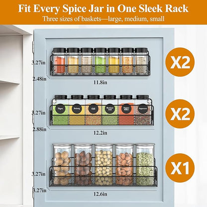 Wall Mounted Spice Rack Organizer, Pantry Door Organizer & Hanging Storage Baskets, Metal Spice Shelf for Kitchen Cabinet, 3 Depth Sizes Hold Large Jars to Nail Polish Bottles, 5 Pack