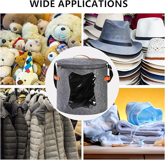 Yopay 2 Pack Hat Storage Boxes for Women, Oversized Round Travel Hat Container with Dust Proof Lid Window, Foldable Stuffed Toys Clothes Brim Hats Storage Organizer Bag Bin, Adjustable Shoulder Strap