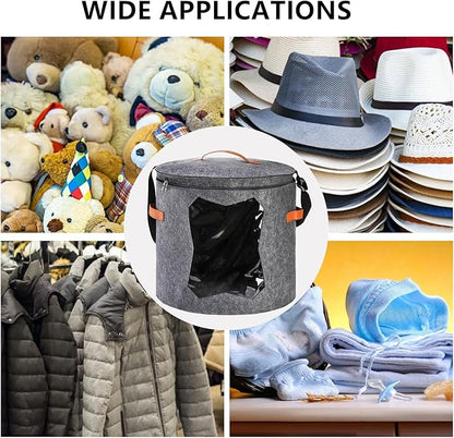 Yopay 2 Pack Hat Storage Boxes for Women, Oversized Round Travel Hat Container with Dust Proof Lid Window, Foldable Stuffed Toys Clothes Brim Hats Storage Organizer Bag Bin, Adjustable Shoulder Strap