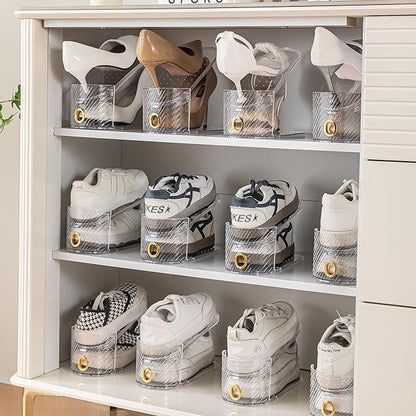 Shoe Slot Organizer 10 Pack - Shoe Slots，Can Save 50% of Shoe Stackers Space，Adjustable Shoe Stacking Device, Double-Layer Design for Shoe Slots Organizer for Closet. (Clear, 10 Pack)