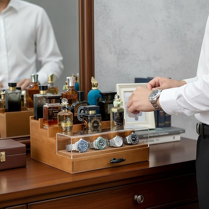 Cologne and Watch Organizer Walnut Brown – Wooden Perfume Display Stand with Jewelry Storage Drawer, Velvet Lining, Hidden Compartment – Large Cologne Holder – Gift Box Included