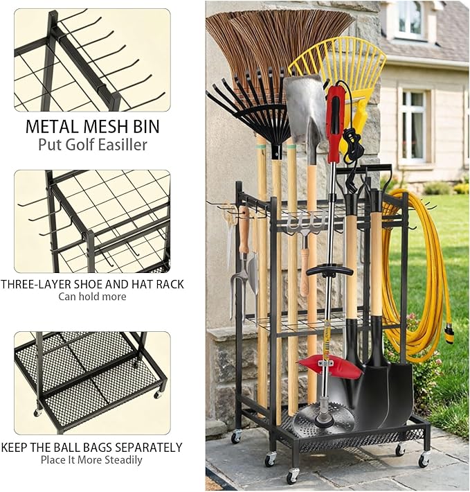 Garden Tool Organizer Rack with Wheels Up to 30-35 Tools, Heavy-Duty Steel Yard Tool Organizer for Garage Storage with 11 Hooks, Broom Holder & Garden Tool Rack for Shed, Patio, Lawn, Outdoor, Black