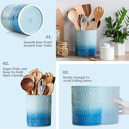 LOVECASA Extra Large Kitchen Utensil Holder, 7.2" Ceramic Farmhouse Utensil Holder For Kitchen Décor Countertop With Heavy And Sturdy Base, Utensil Crock Organizer, Blue