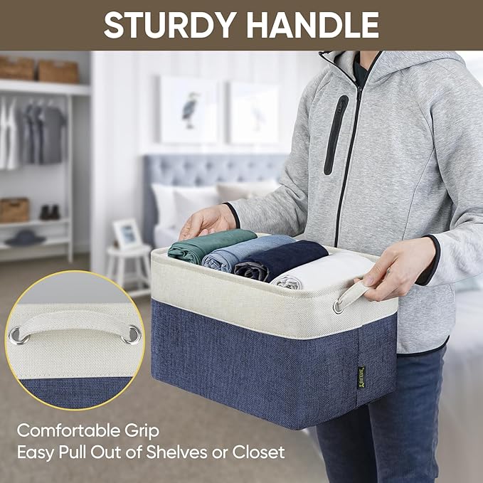 BALEINE 2 Pack Fabric Closet Storage Bins for Shelves, Linen Closet Organizers and Storage, Decorative Baskets for Organizing, Shelf, Clothes, Home, Office (Navy Blue, 15"x11"x9.5")
