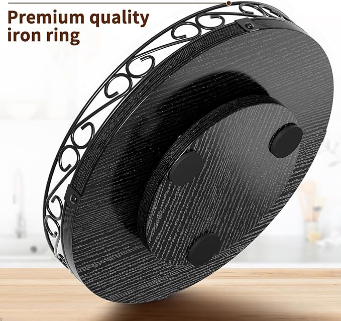 Yoobure 9" Lazy Susan Turntable for Cabinet - Farmhouse Wooden Round Tray for Table Top, 360° Rotating Lazy Susans Counter Organizer with Patterned Raised Edge for Kitchen Dining Table Decor, Black