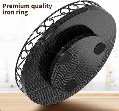 Yoobure 13" Lazy Susan Turntable for Cabinet - Farmhouse Wooden Round Tray for Table Top, 360° Rotating Lazy Susans Counter Organizer with Patterned Raised Edge for Kitchen Dining Table Decor, Black
