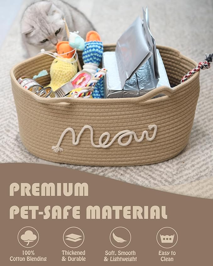 Sea Team Cat Toy Basket with Handles, 16.5 x 11 x 7 Inches, 4.4 Gallons Large Cotton Rope Storage Bin, Box, Shelf Organizer for Pet Chew Toys, Foods, Beige Meow