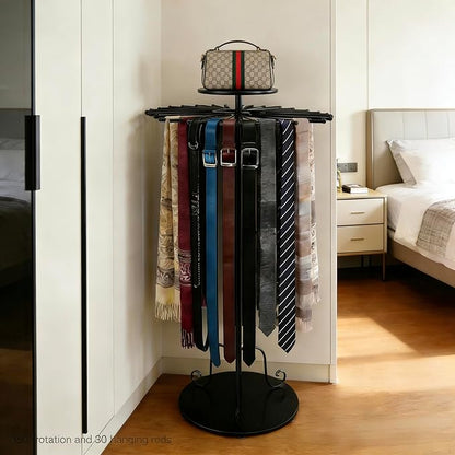 Black 360°Rotating Scarf Display Tie Rack Belt Hanger Shawl Hijab Stand, Boutique Retail Display Stand Home Organizer Holder for Commercial Clothing Store, Bedroom(49.2in, 30 Hanging Rods)