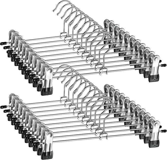 ZOBER Metal Pants Hangers with Clips - Pack of 20 Space Saving Skirt Hangers for Women - Chrome, Non-Slip, Adjustable Clips, for Pants, Skirts, Jeans Closet Organization, College Dorm Essentials