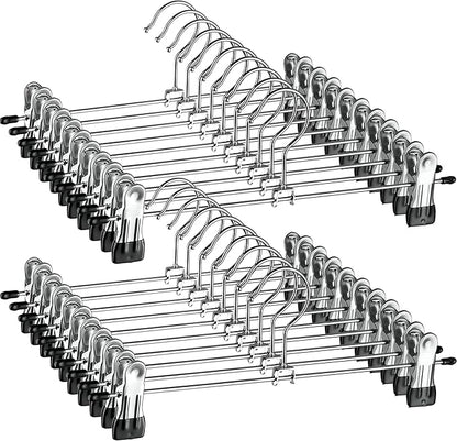 ZOBER Metal Pants Hangers with Clips - Pack of 20 Space Saving Skirt Hangers for Women - Chrome, Non-Slip, Adjustable Clips, for Pants, Skirts, Jeans Closet Organization, College Dorm Essentials