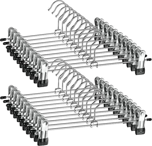 ZOBER Metal Pants Hangers with Clips - Pack of 20 Space Saving Skirt Hangers for Women - Chrome, Non-Slip, Adjustable Clips, for Pants, Skirts, Jeans Closet Organization, College Dorm Essentials