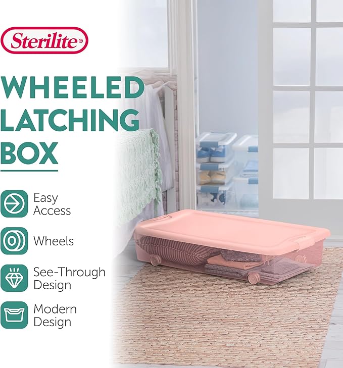 Sterilite 12 Pack Wheeled Under Bed Storage Container, 56 Qt Plastic Bin w/Latching Lid for Organization - Clothes & Shoes Organizer, Pearl Blush Tint