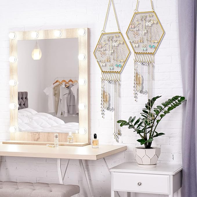 Jetec 2 Pcs Earring Wall Holder Wall Mounted Earring Organizer Hanging Jewelry Stand Decorative Diamond Grid Shape Display Rack with Hooks for Earrings Necklace Bracelet(Gold)