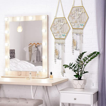 Jetec 2 Pcs Earring Wall Holder Wall Mounted Earring Organizer Hanging Jewelry Stand Decorative Diamond Grid Shape Display Rack with Hooks for Earrings Necklace Bracelet(Gold)