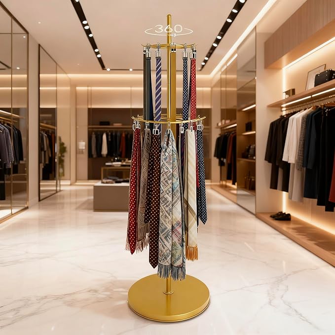 Gold Belt Display Scarf &Ties Rack Stand, 360° Rotation Floor Mounted Belt Hanger, Metal Men Closet Belt Organizer Holder Jewelry Necklaces Purse Hanger Shelf for Clothing Store Retail & Home