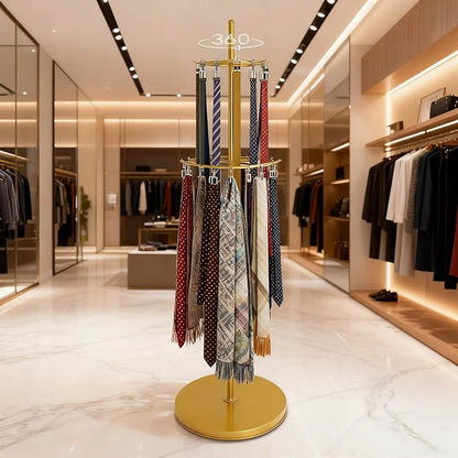 Gold Belt Display Scarf &Ties Rack Stand, 360° Rotation Floor Mounted Belt Hanger, Metal Men Closet Belt Organizer Holder Jewelry Necklaces Purse Hanger Shelf for Clothing Store Retail & Home