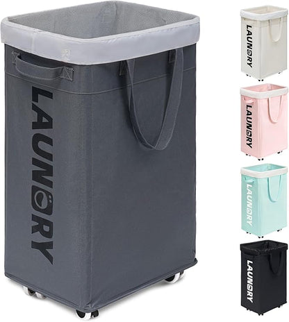 Goodpick Laundry Basket with Wheels, Laundry Hamper with Removable Wash Bag, Clothes Hamper, Rolling Laundry Basket, Dorm Room Essentials, 75L, Grey