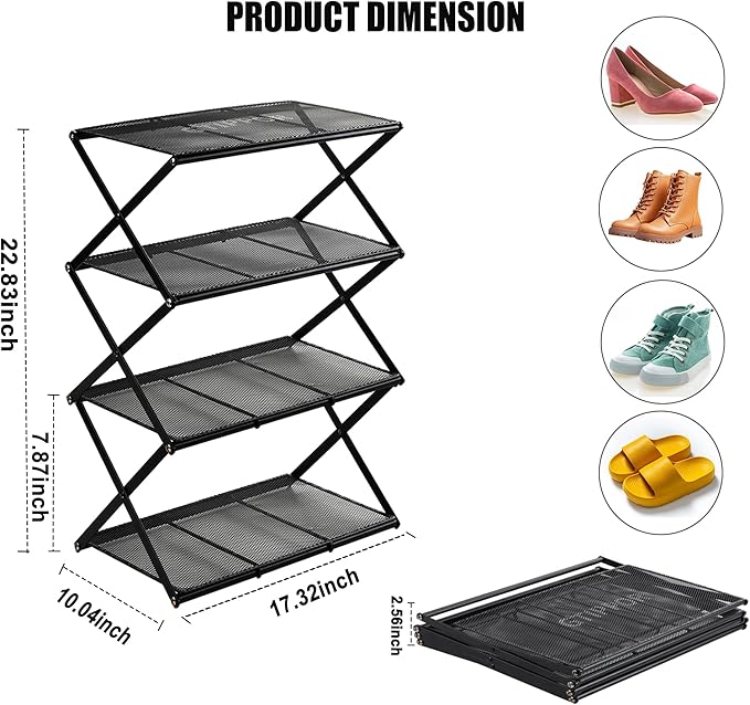 Shoe Rack for Entryway 4 Tier Foldable Shoe Rack Without Assembly Collapsible Metal Shoe Organizer Folding Shoe Storage Rack for Door, Living Room, Black