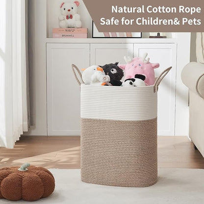 AINUOQI Laundry Basket with Handles - Blanket Basket & Hampers for Bedroom Aesthetic, Laundry Hamper & Blanket Storage for Living Room, Clothes Hamper, Tall, Large 17" x 14" x 26”, White & Rice Brown
