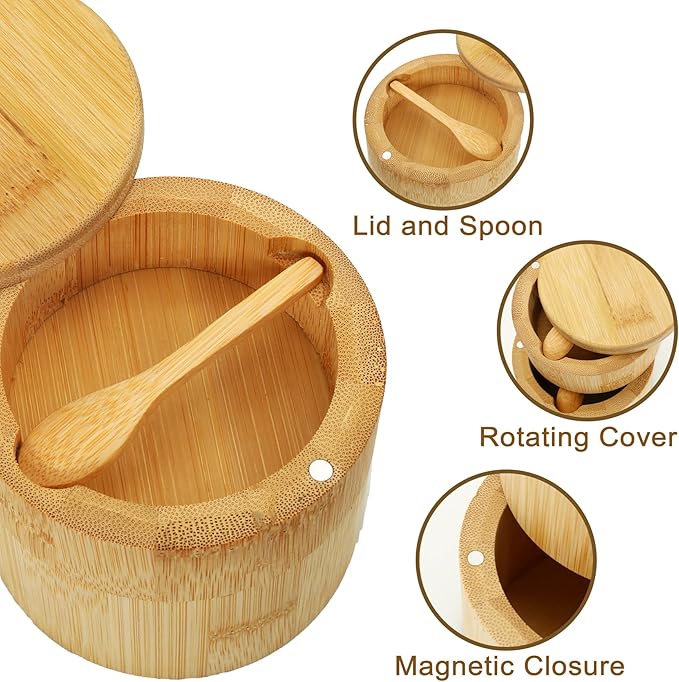 Salt Cellar - Salt Container Holder with Swivel Magnetic, 2 Tier Bamboo Kitchen Salt Cellar with Lid and Spoon Holder, Wood Bowl Box, Salt and Pepper Bowls with Swivel Lid to Storage, 10OZ