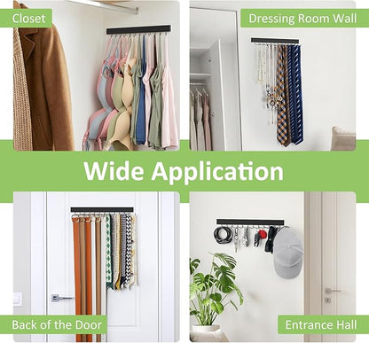 2 Pack Tie Hanger Wall Mounted, Wooden Tie Rack Belt Hanger with 24 Non Slip 180° Rotating Hooks, Belt Organizer Space Saving Tie Hanger for Closet, Tie Holder & Tie Organizer, Black