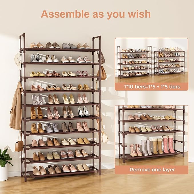 LANTEFUL Tall Shoe Rack 10 Tier Shoe Organizer Large Shoe Shelf with 18 Hooks Storage for 50 Pair Sneaker and Boot, Stackable Vertical Shoe Rack Organizer for Closet, Entryway, Bedroom, Brown