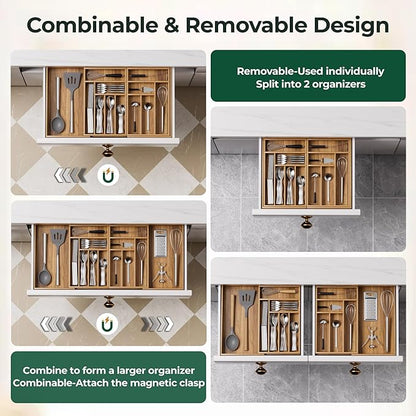 Large Silverware Organizer, 13 Slots Magnetic Connected Expandable Acacia Wood Utensil Drawer Organizer From 21 to 37.4 Inches, Adjustable Flatware and Cutlery Holder, Utensil Tray for Kitchen Natural