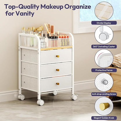 SWTYMIKI Rolling Makeup Organizer Cart - 14.96″*11.81″*23.03″ Widened Under Desk Vanity Storage with 3 Non-woven Drawers, Cosmetic Display Cases for Skin Care Perfume Nail Polish Brush Hair Tool White