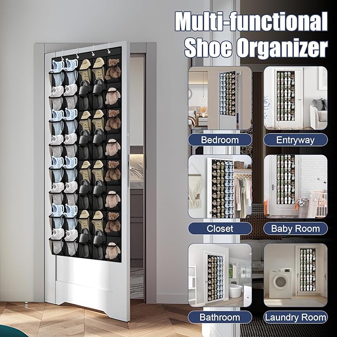 Over the Door Shoe Organizer - 40 Large Breathable Mesh Pockets, Space Saving Hanging Shoe Organizer with Metal Hooks, Hanging Shoe Rack for Men's and Women's Shoes (Black)