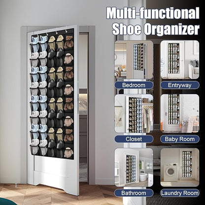 Over the Door Shoe Organizer - 40 Large Breathable Mesh Pockets, Space Saving Hanging Shoe Organizer with Metal Hooks, Hanging Shoe Rack for Men's and Women's Shoes (Black)