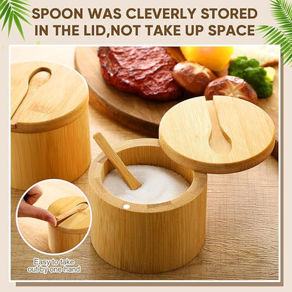 Honeydak 6 PCS 6oz Bamboo Salt Cellar Salt Container with Magnetic Swivel Lid & Spoon Bamboo Storage Box Bowl Elegant Kitchen Holder Saver Jar to Storage Pepper Spice Sea Sugar for Countertop
