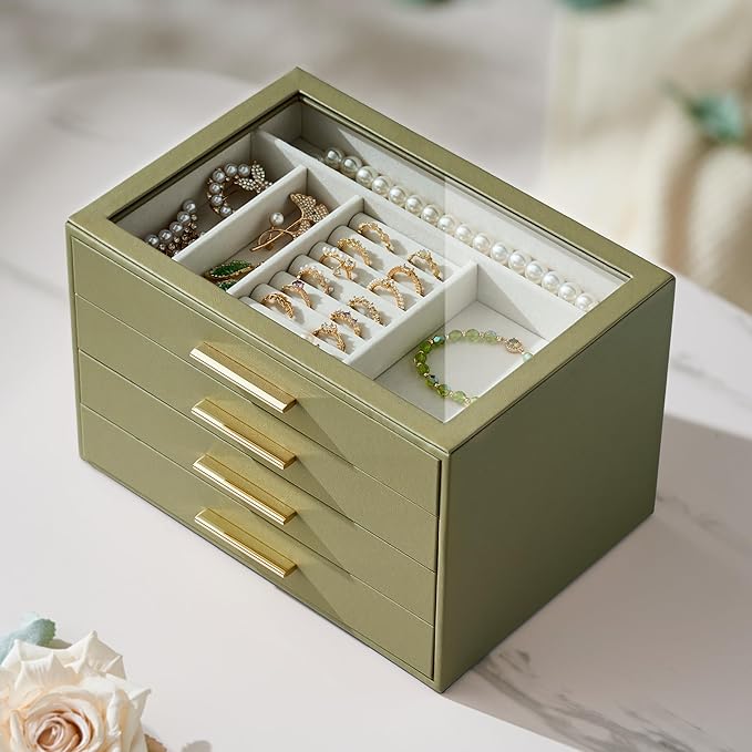 Jewelry Box Organizer Case for Women: 4-Layer Jewelry Storage Case with Glass Window, Olive Green Leather with Cream Velvet, Holder for Ring Necklace Bracelet Brooch Watch, Great Gift for Her