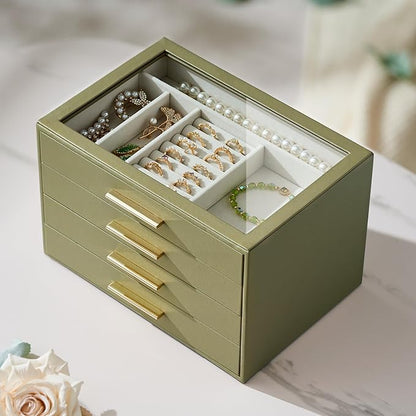 Jewelry Box Organizer Case for Women: 4-Layer Jewelry Storage Case with Glass Window, Olive Green Leather with Cream Velvet, Holder for Ring Necklace Bracelet Brooch Watch, Great Gift for Her