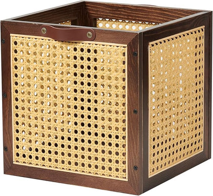 Rattan Storage Cubes Wooden Storage Baskets Boxes Decorative Natural Handmade Bohemian Solid Wood Woven Wicker Cane Bin Closet Shelf Clothes Organizer Books Magazine Holder (Walnut)