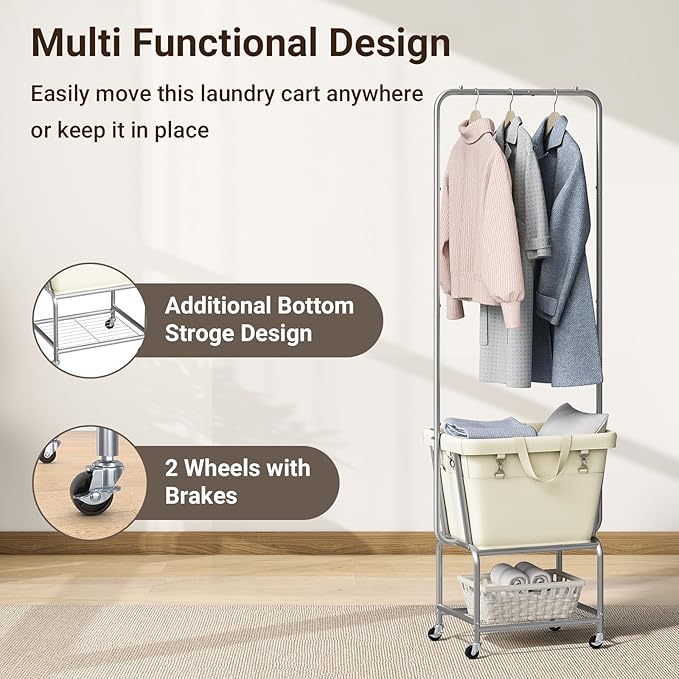 ELYKEN Laundry Cart with Hanging Rack, Rolling Laundry Hamper with Wheels, Laundry Basket with Removable Liner Bag and Shelf, Sturdy Metal Frame Dirty Clothes Basket for Hotel, Home, Closet, Dorm