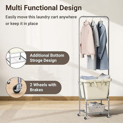 ELYKEN Laundry Cart with Hanging Rack, Rolling Laundry Hamper with Wheels, Laundry Basket with Removable Liner Bag and Shelf, Sturdy Metal Frame Dirty Clothes Basket for Hotel, Home, Closet, Dorm