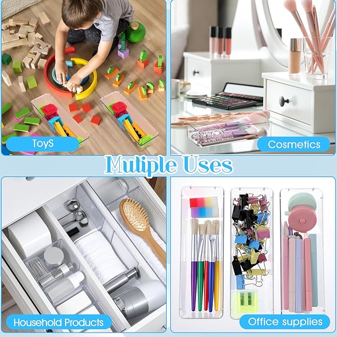 18 Pcs Clear Plastic Drawer Organizer 9 x 3 x 2 Inches Kitchen Bathroom Fridge Utensil Vanity Drawer Organizers Tray Makeup Storage Organizer Drawers Trays for Organization Office