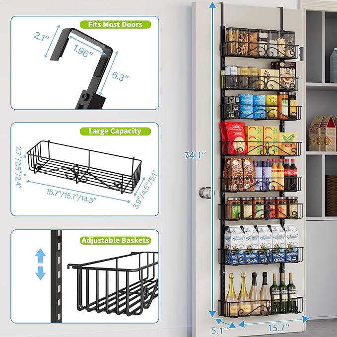 Over the Door Pantry Organizer, 8-Tier Adjustable Metal Hanging Storage Rack, Heavy Duty Door Mount Organizer for Kitchen Pantry Laundry Room Bathroom, Black