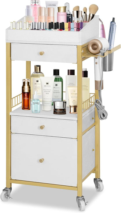 Makeup Organizer Cart with 3 Drawers, Rolling Vanity Organizer with Adjustable Dividers, Detachable Hair Tool Holder, Lockable Wheels for Small Spaces, Gold & White