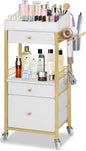 Makeup Organizer Cart with 3 Drawers, Rolling Vanity Organizer with Adjustable Dividers, Detachable Hair Tool Holder, Lockable Wheels for Small Spaces, Gold & White