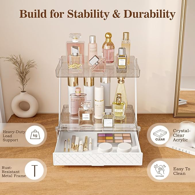 Makeup Organizer Countertop with Drawers & Lid, Skincare Organizer for Vanity, Large Cosmetic Organizer & Display Cases and Storage for Bathroom & Desktop. Perfect for Girl Women Mom Gifts
