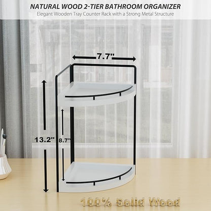 Corner Bathroom Counter Organizer, 2 Tier Wood Vanity Storage, Waterproof Skincare Shelf for Kitchen & Toiletries Decor, Dresser (White-2 Tier)